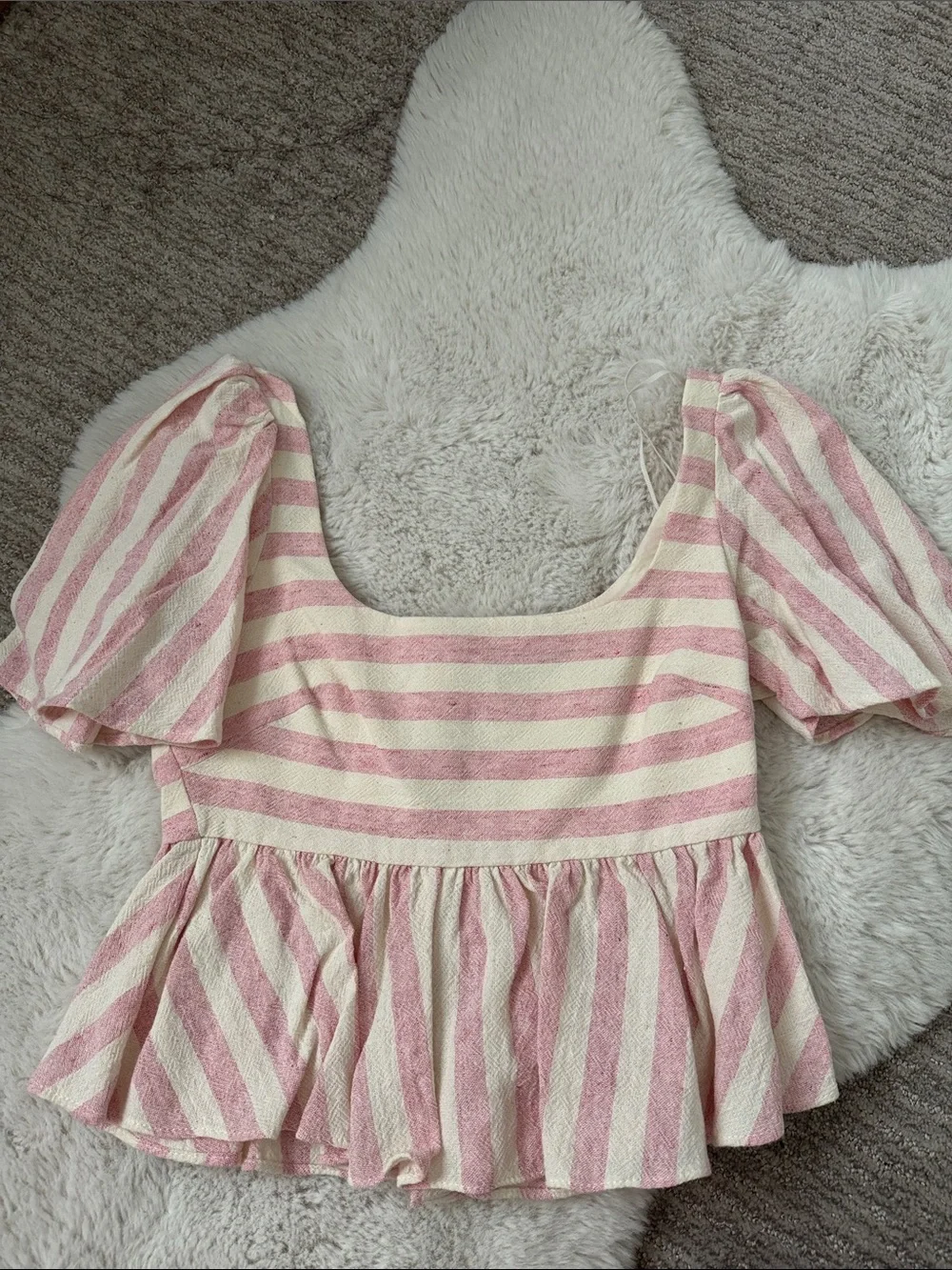Zara Pink and Cream Striped Puff Sleeve Peplum Top